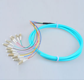 12 fibers breakout fiber optic pigtail LC/UPC multimode OM3 50/125 aqua LSZH cable